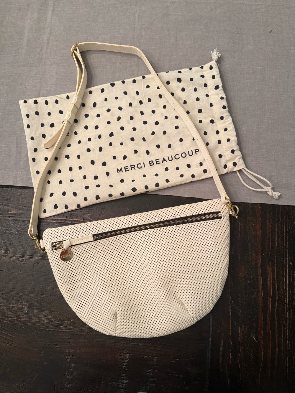 Clare V Grand Fanny Perforated Leather Cream Crossbody Belt Bag New
